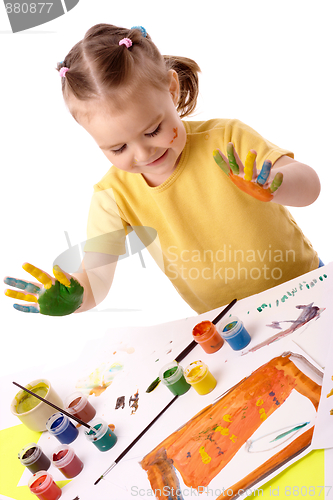 Image of Cute child paint using hands