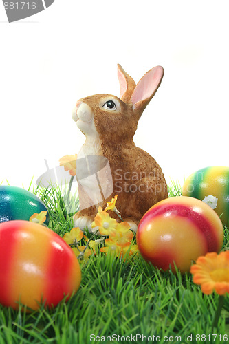 Image of Easter bunny with eggs on a lawn