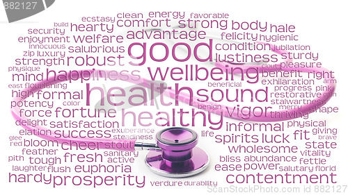Image of pink stethoscope and health wordcloud