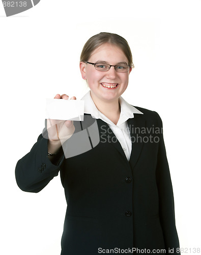 Image of young woman with business card 