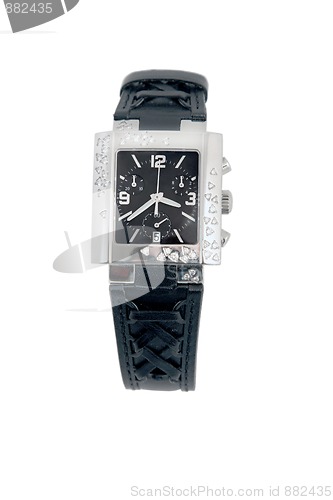 Image of black leather and white gold watch