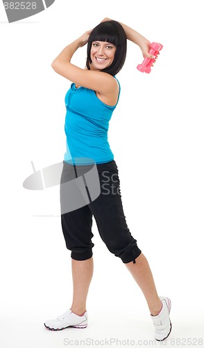 Image of woman smile and exercise with dumbbell