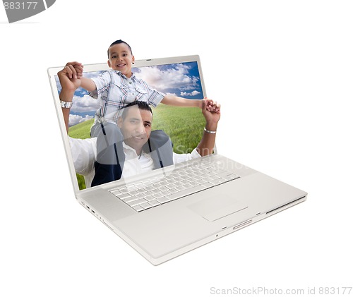 Image of Happy Hispanic Father and Son in Laptop Screen