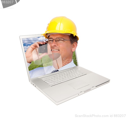Image of Laptop and Man with Hard Hat on Cell Phone