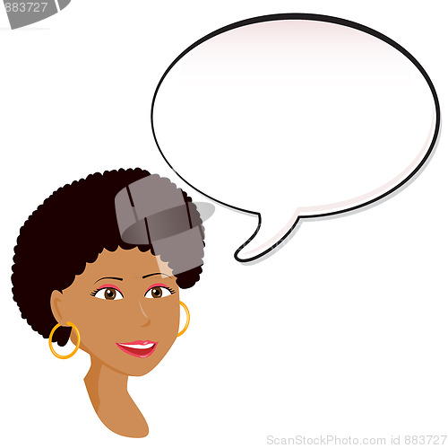 Image of Black Woman announcement with speech bubble.