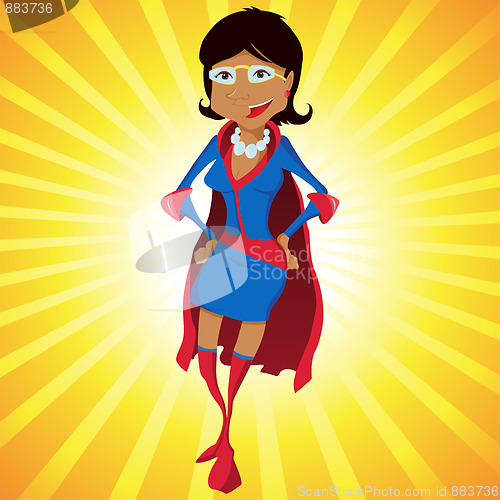 Image of Black Super Woman Mother Cartoon with Yellow Background.