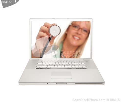 Image of Female Doctor with Stethoscope on Laptop Screen