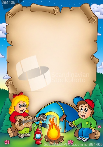 Image of Old parchment with camping kids