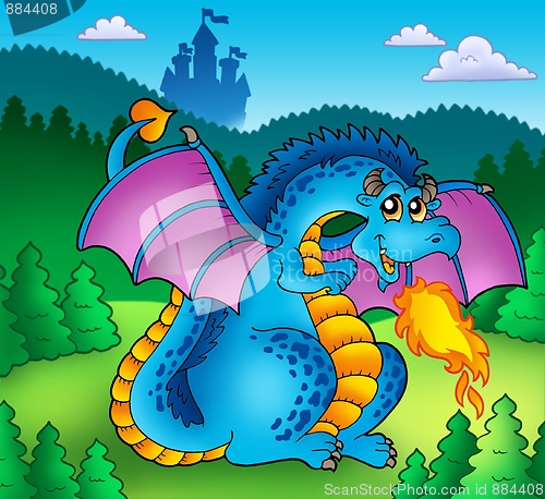 Image of Big blue fire dragon with old castle