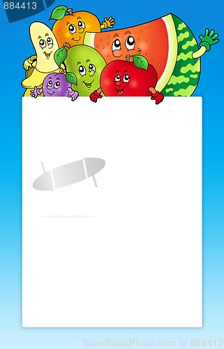 Image of Cartoon fruits holding blank board
