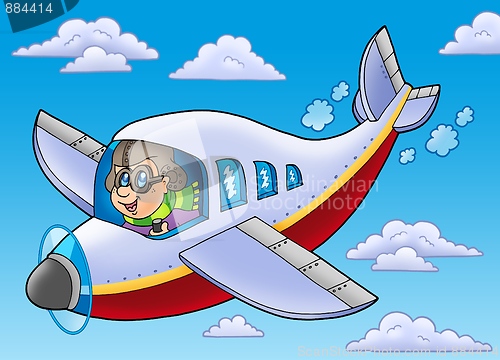 Image of Cartoon aviator on blue sky