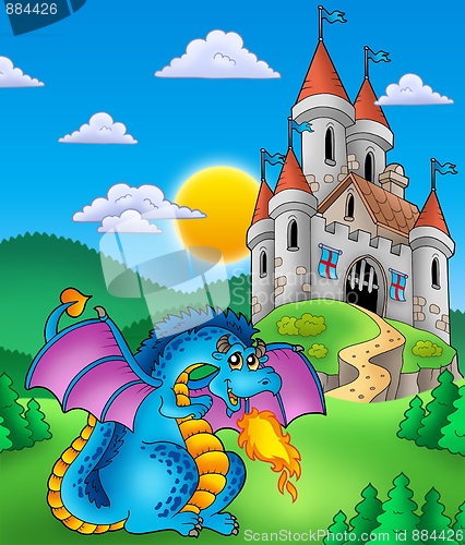 Image of Big blue dragon with medieval castle
