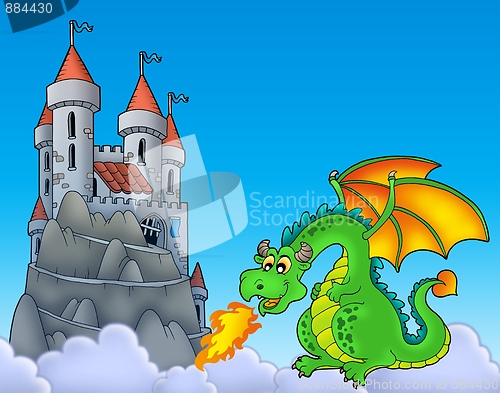 Image of Green dragon with castle on hill