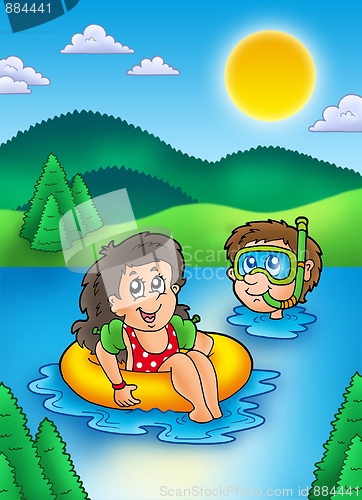 Image of Two swimming kids in lake