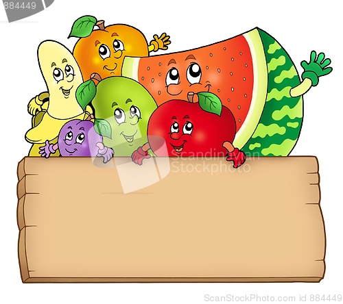 Image of Cartoon fruits holding wooden table