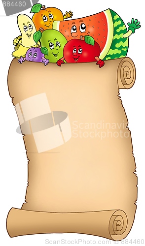 Image of Cartoon fruits holding old scroll