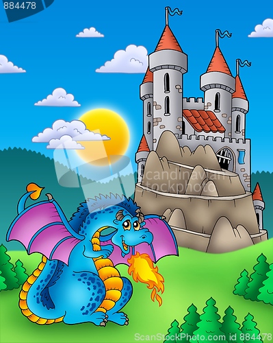 Image of Blue dragon with castle on hill