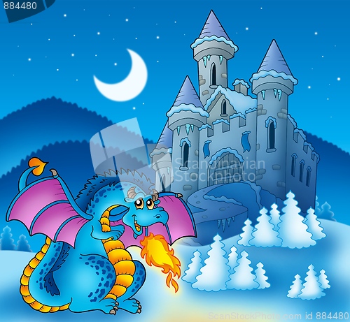 Image of Big blue dragon with winter castle