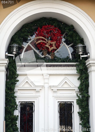 Image of Entrance of house with holiday decoration