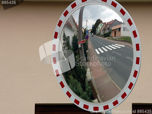 Image of Mirror by the road for drivers to see behind the corner