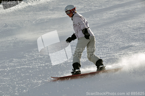 Image of Female snowboarder in powder snow