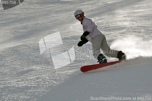 Image of Female snowboarder in powder snow