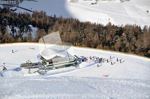 Image of View down ski slope on chairlift station