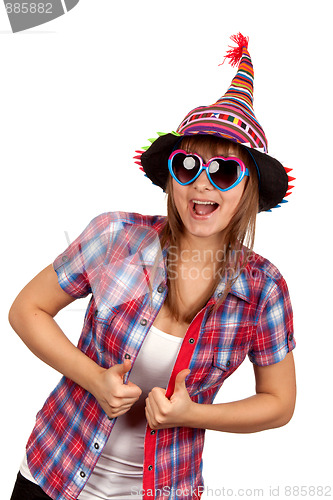 Image of Beautiful girl in colour hat and sunglasseses