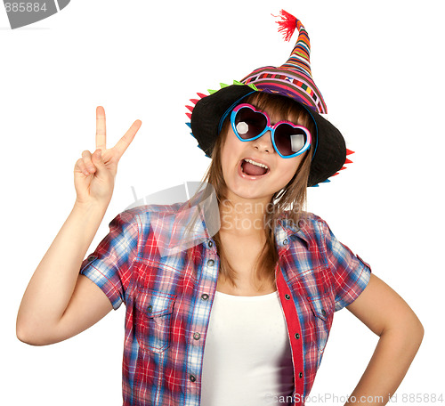 Image of Beautiful girl in colour hat and sunglasseses