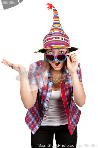 Image of Beautiful girl smiles in sunglasseses and colour hat