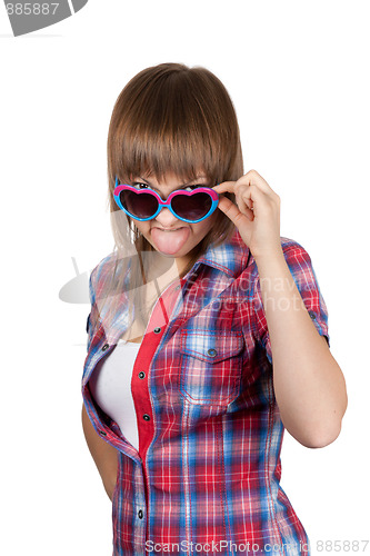 Image of Portrait beautiful girl in sunglasseses shows 