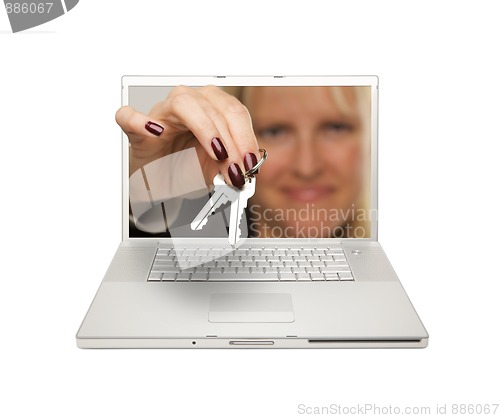 Image of Woman Handing House Keys Through Laptop Screen