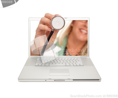 Image of Female Doctor Holding Stethoscope Through Laptop Screen