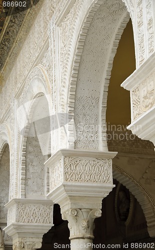 Image of Details of decorated arches in the main patio of Casa de Pilatos