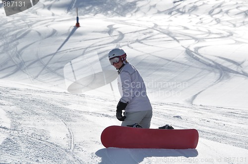 Image of Female snowboarder kneeling in powder snow