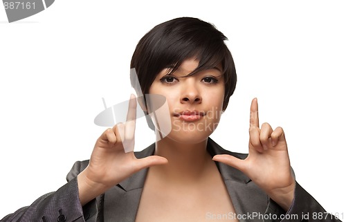 Image of Pretty Multiethnic Young Adult Woman Framing Face with Hands