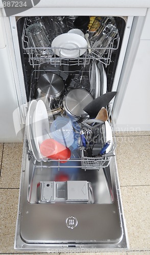 Image of Dishwasher with open hatch and clean dinnerware