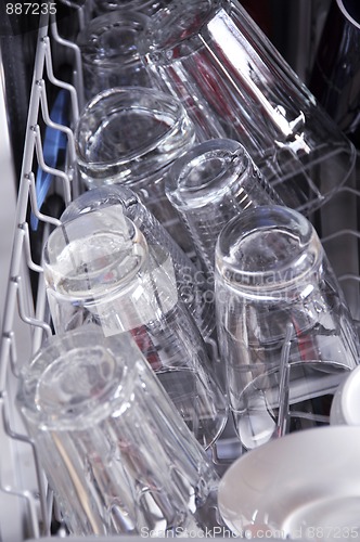 Image of Detail of dishwasher with open hatch and clean glasses