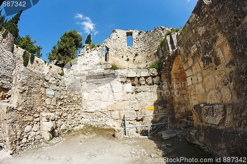 Image of Wall of the ruins of Byzantine church near St. Anne Church and pool of Bethesda in Jerusalem 