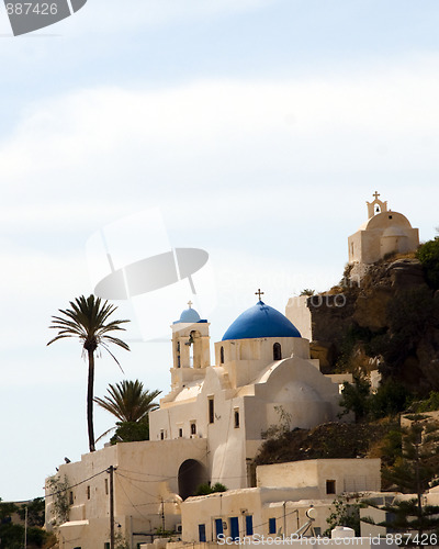 Image of Greek Island church blue dome Ios Cyclades Islands