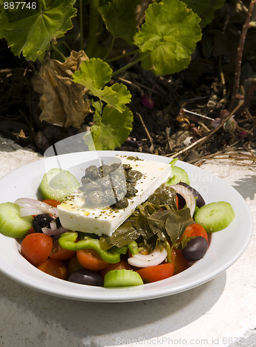 Image of Greek salad in sunlight Santorini