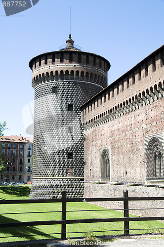 Image of left tower Castello Sforzesco Castle Milan Italy