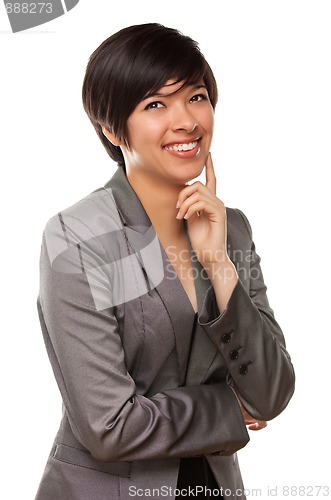 Image of Pretty Multiethnic Young Adult Laughing with Eyes Up and Over