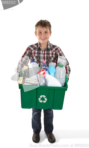 Image of Boy holding recycling bin full or rubbish