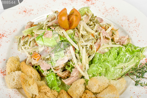 Image of salad of meat, vegetable and dried crust