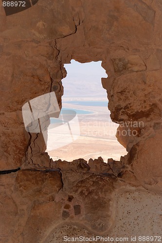 Image of Dead Sea landscape through window