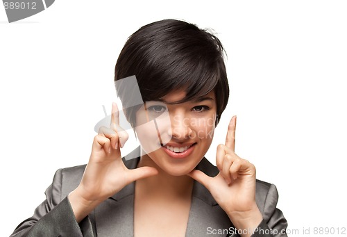 Image of Pretty Smiling Multiethnic Young Adult Woman Framing Face with H
