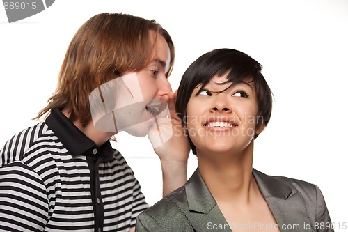 Image of Attractive Diverse Couple Whispering Secrets