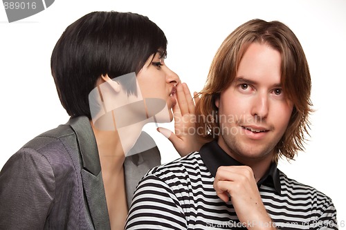 Image of Attractive Diverse Couple Whispering Secrets