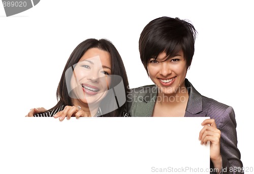 Image of Attractive Multiethnic Mother and Daughter Holding Blank White S